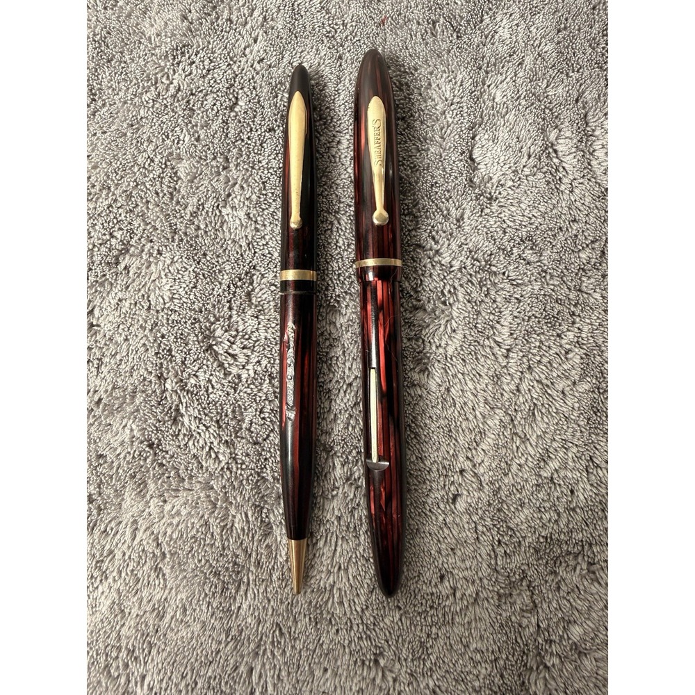 Vintage Sheaffer Balance Fountain Pen And Pencil Set Carmine Striated 14k 3 Nib